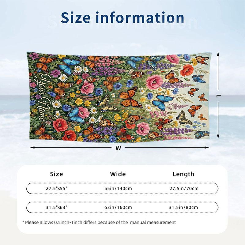 Butterfly Theme Beach Towel Personalized Custom Name & Text Soft Quick Dry Beach Towel for Swimming Travel