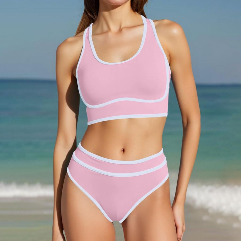 Damen High Waist Bikini-Sets Sportliche Rundhals Zweiteilige Badeanzüge Color Block Hoher Beinausschnitt Badesets