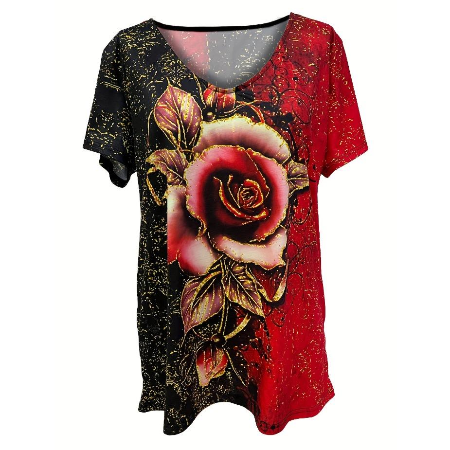 Stylish Rose 3D Print V Neck T-shirt - Women's Casual Short Sleeve Medium Stretch T-Shirts
