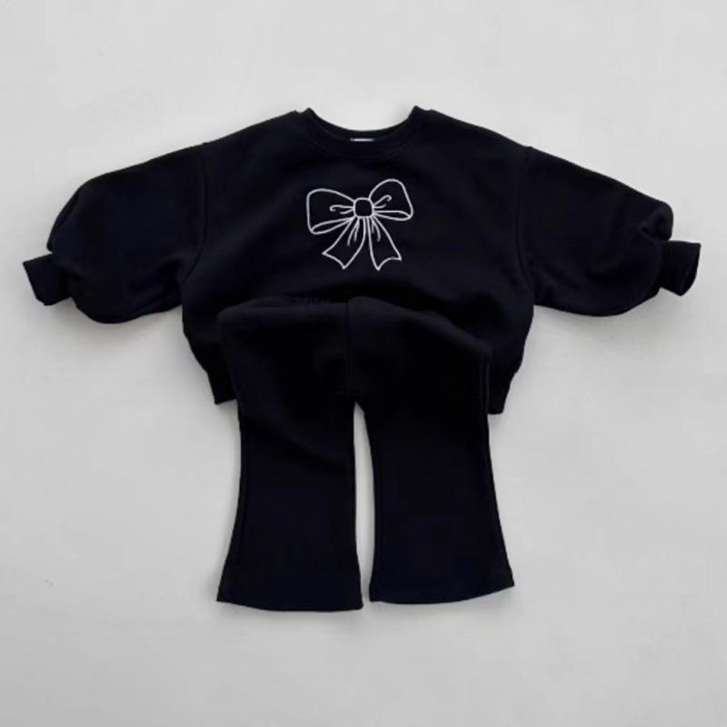Girls' Cute Bow Two-Piece: Loose Sweater and Slim Flared Pants Set for Spring and Autumn