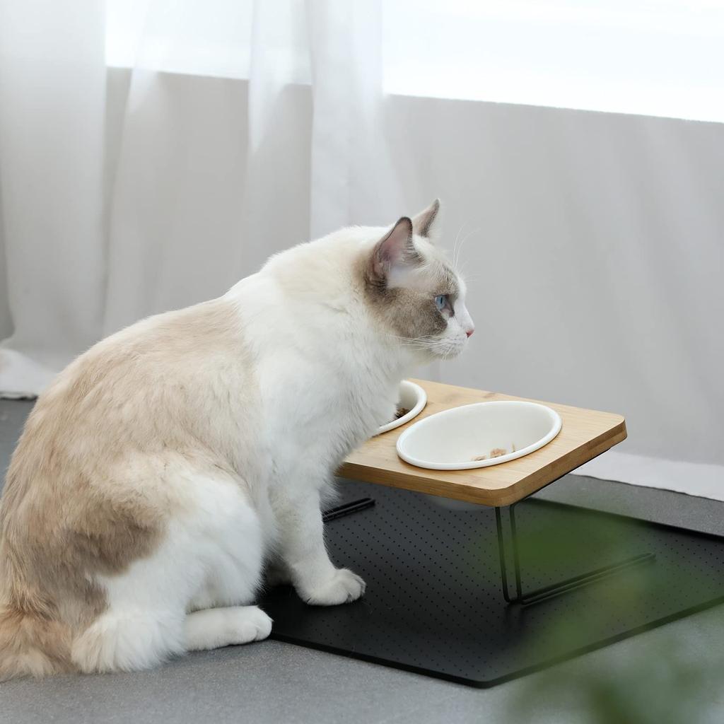 FUKUMARU Ceramic Pet Bowl with Stand for Dogs and Cats, 15-degree angle, Bamboo stand for pets, cats, dogs, pets, food bowl, dish, ceramic, food bowl