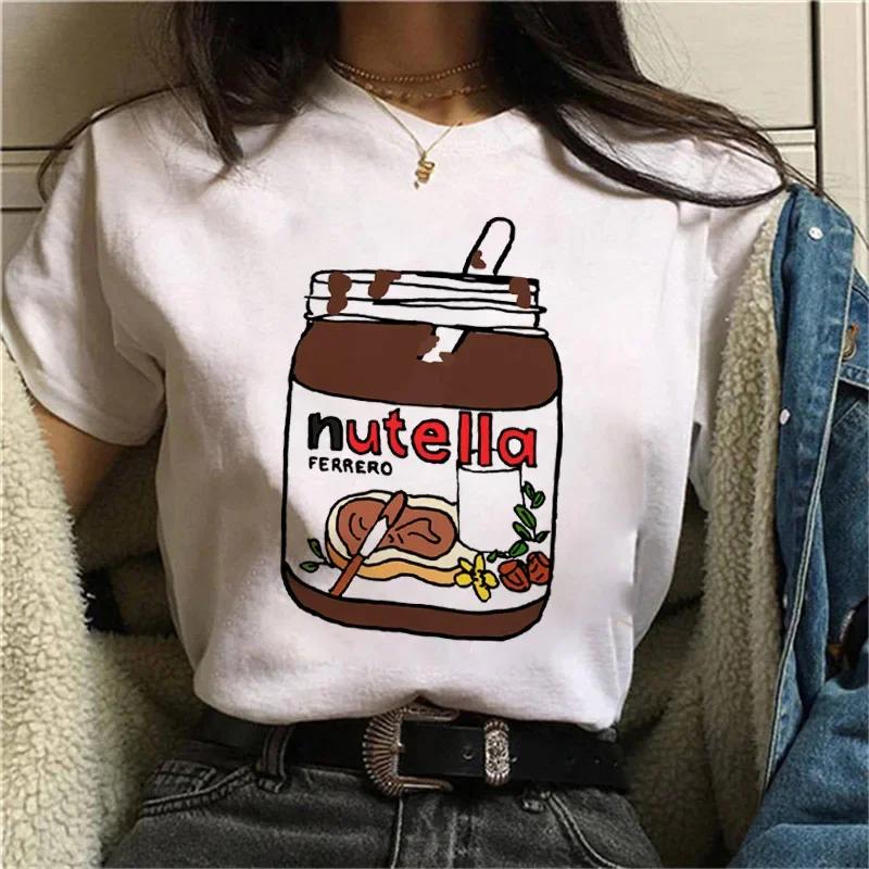 Najnowsze Urocze Damskie Koszulki z Nadrukiem Nutella Harajuku Koszulki z Nadrukiem Kreskówkowym Damskie Krótki Rękaw Okrągły Dekolt Topy Koszulki Zabawna Koszulka