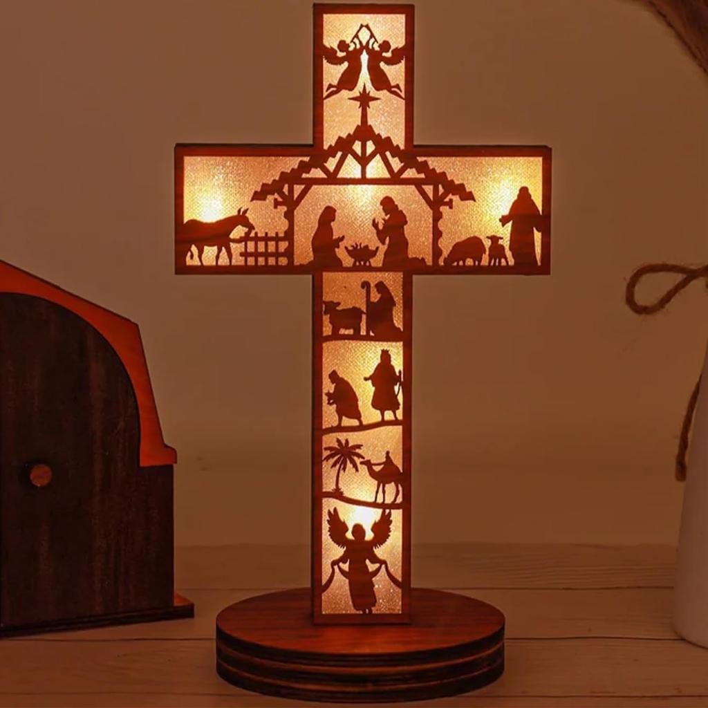 Espositore per libri di presepe in legno di Natale 3D con luce, set per presepe in legno, decorazioni per presepe con luce a LED per decorazioni per scaffali