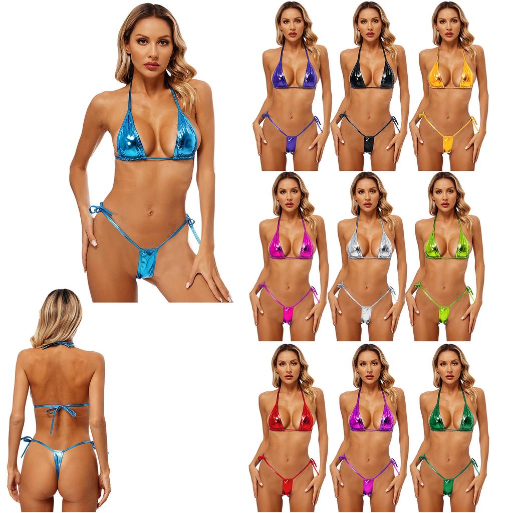 Women's 2Piece Shiny Metallic Triangle Swimsuit Bikini Set Non-Padded Cup Top with Briefs