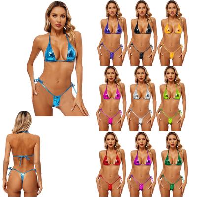 Dámske kovové lesklé šnurovacie bikiny plavky nevystužené trojuholníkové košíčky s G-string 2-dielna súprava sexy nočnej bielizne