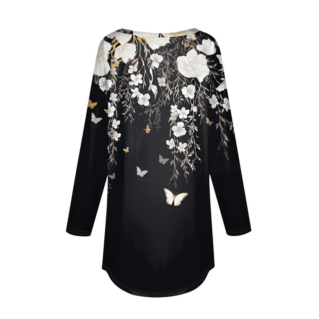 Damen T-Shirts Niedlich Vintage Musterdruck T-Shirt Langarm Tunika Oberteile Baumwolle Pullover
