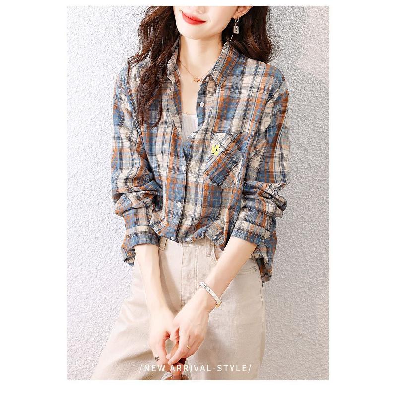 Women's long-sleeve plaid shirt 2026 new Korean style fashion design slim casual top