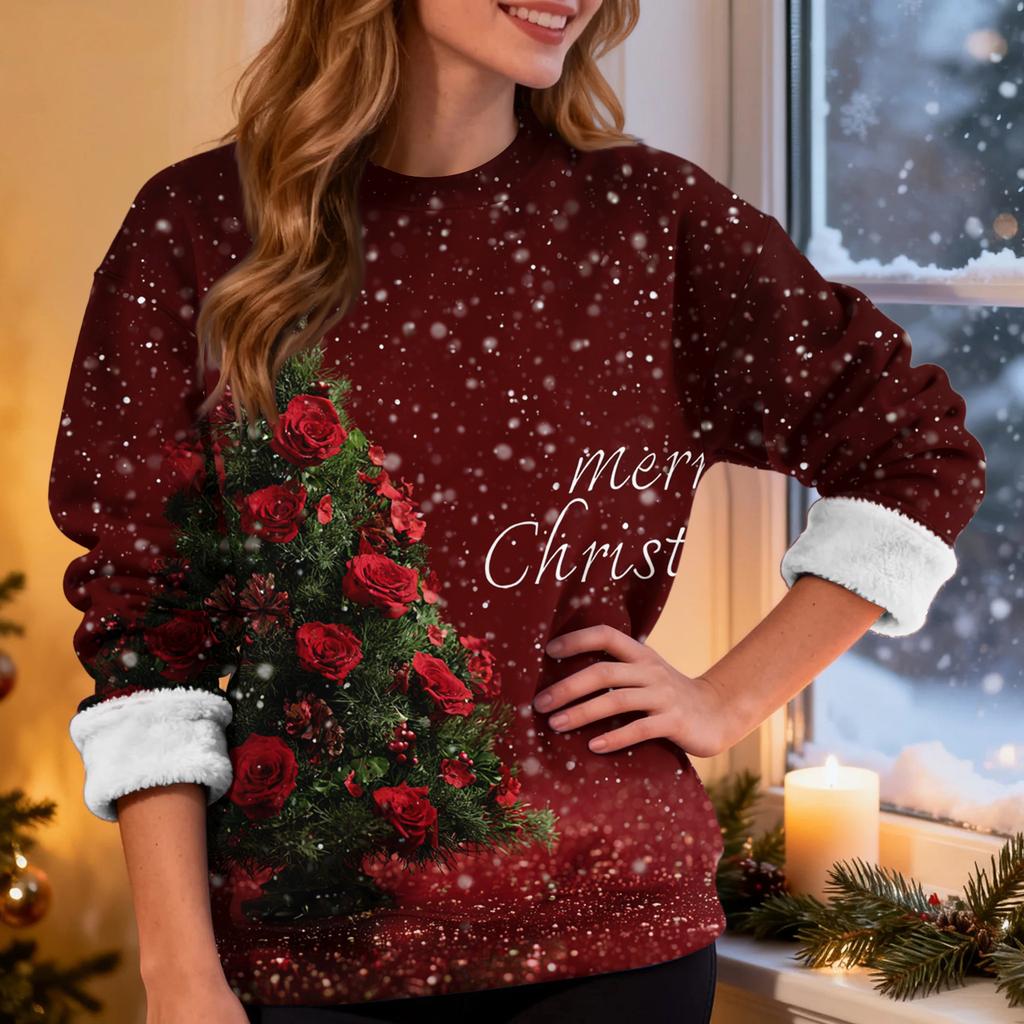 Women's Casual Fashion Round Neck Plus Velvet Thickened Christmas Print Sweatshirt