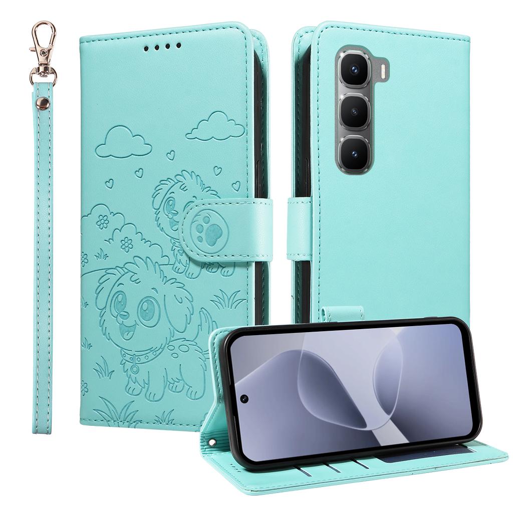 For Infinix Hot 60 Pro 4G Case RFID Blocking Imprinted Dog Pattern PU Leather Phone Cover with Wrist Strap