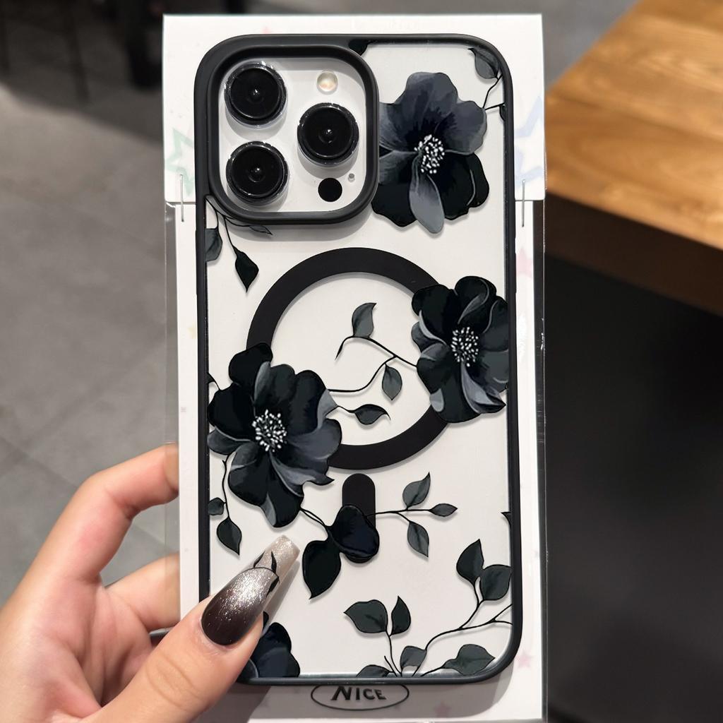 Black Floral Pattern Transparent Magnetic Wireless Charging Phone Case For iPhone 17 16 15 Pro Max 14 Plus 13 12 11 17E 17 Cover