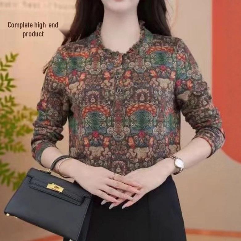 Plus Size Floral Print Long Sleeve Top for Middle-Aged & Elderly Women
