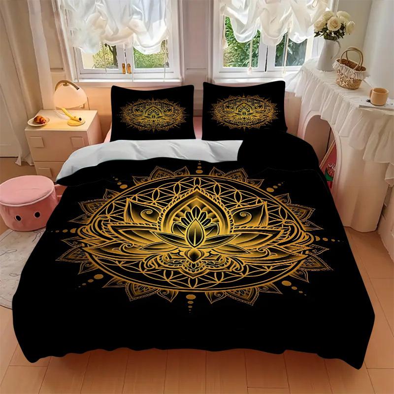 3pc Lotus Mandala Cover Set - 1 Quilt Cover + 2 Pillowcases, All Seasons Bedroom Setting, Perfect for Home002