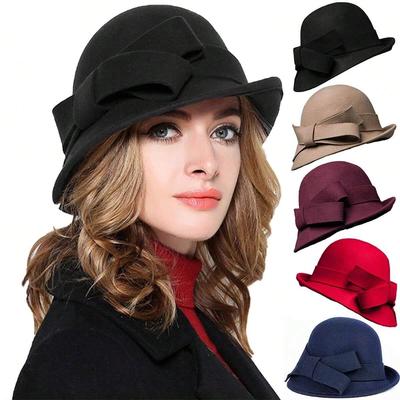 Women's French Retro Wool Felt Hat with Curled Edge and Bow