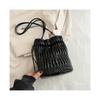 (Black) Silver Pleated Drawstring Shoulder Bucket Bags Women Designer Soft PU Leather Small Handbags Female Casual Purse Underarm Bag