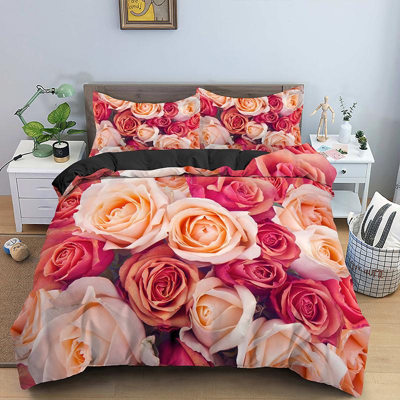 Red Rose Duvet Cover Set 3D Print Romantic Theme Valentine's Day Gift Polyester Comforter Cover with Pillowcase King Queen Size