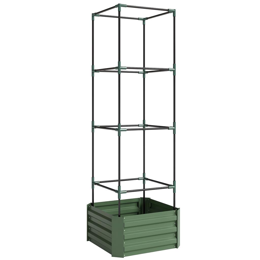 Planter with Adjustable Trellis, Flower Box, Tomato Cage, Galvanized Steel, 61 x 61 x 187 cm, Green