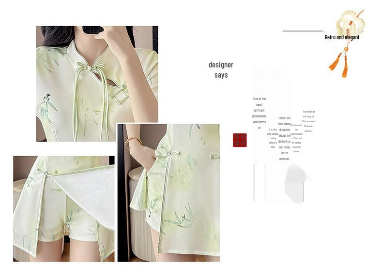 Modern Chinese Two-Piece Set: Cheongsam Dress and Shorts with Frog Button