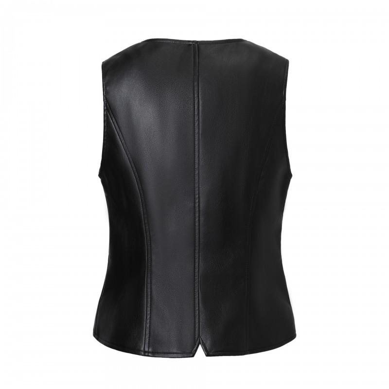 Womens Black PU Faux Leather V-Neck Sleeveless Vest Slim Fit Streetwear Crop Top 2025