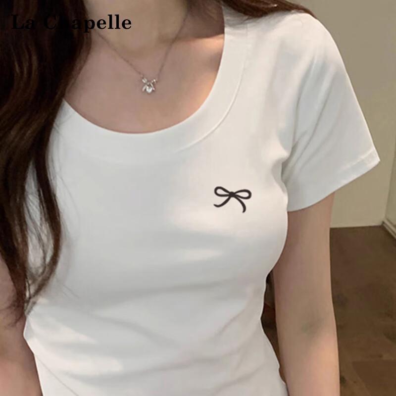 La Chapelle Women s 2025 Summer Bow Embroidered Slim-Fit Tee S