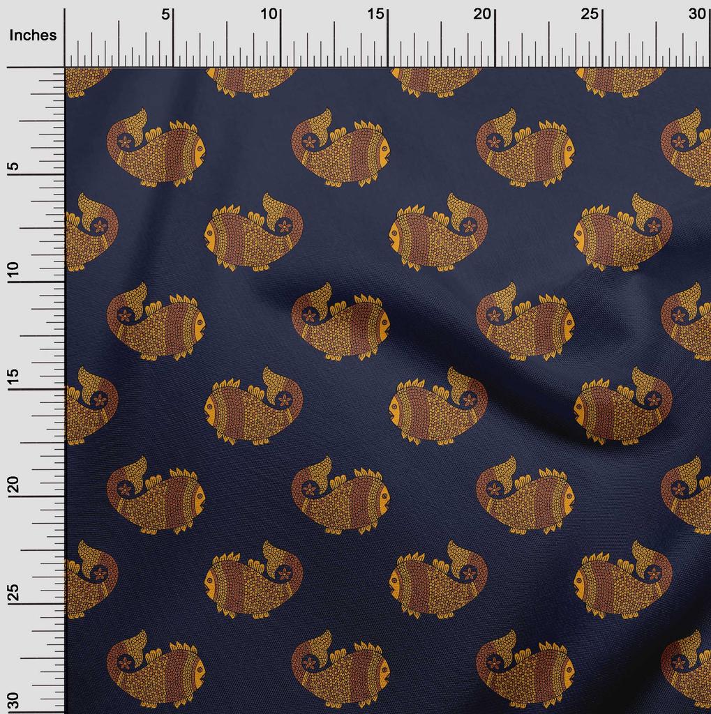 oneOone Cotton Flex Fabric Fish Block Printed Fabric 1 Yard 40 Inch Wide