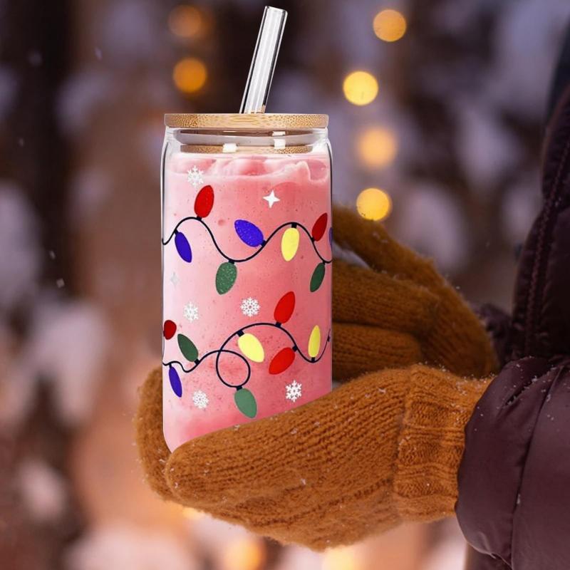 Color Changing Glass Cup 380-600ml Bamboo Leak Proof Cover And Straw Change Color When Exposed To Cold Christmas Party Gift