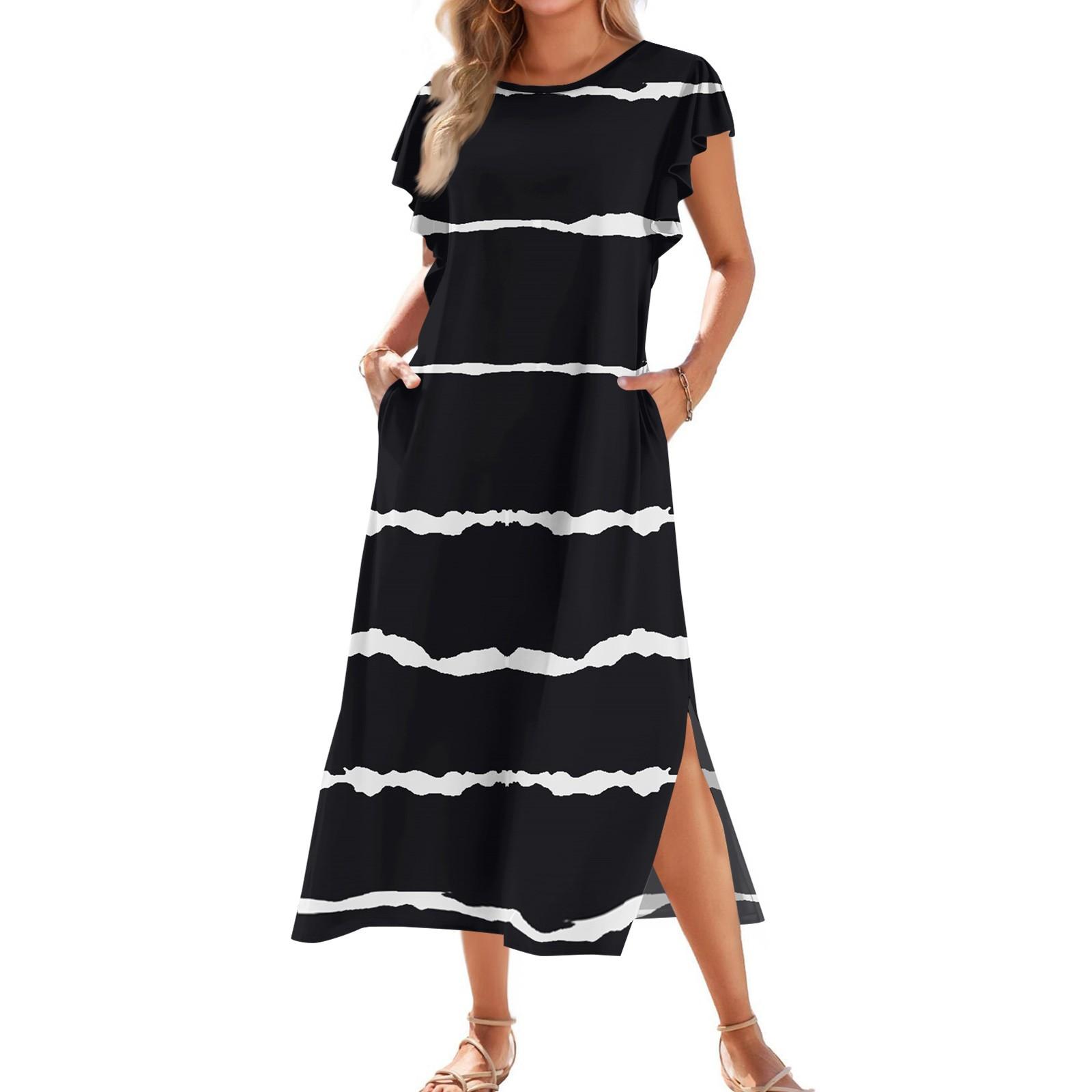 

Жіноча модна літня повсякденна пляжна сукня з плісованими рукавами, вільними смугастими принтами з короткими рукавами, круглою краваткою та кишенями L чорний