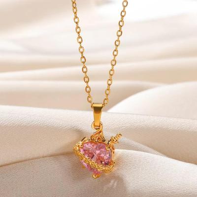 Cupid's Arrow Pink Stone Heart Pendant Necklace with Rhinestones
