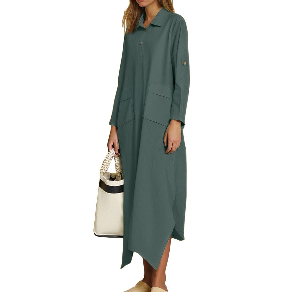 Women's Casual Solid Color Cotton And Linen V-Neck Long Sleeve Button Midi Dress