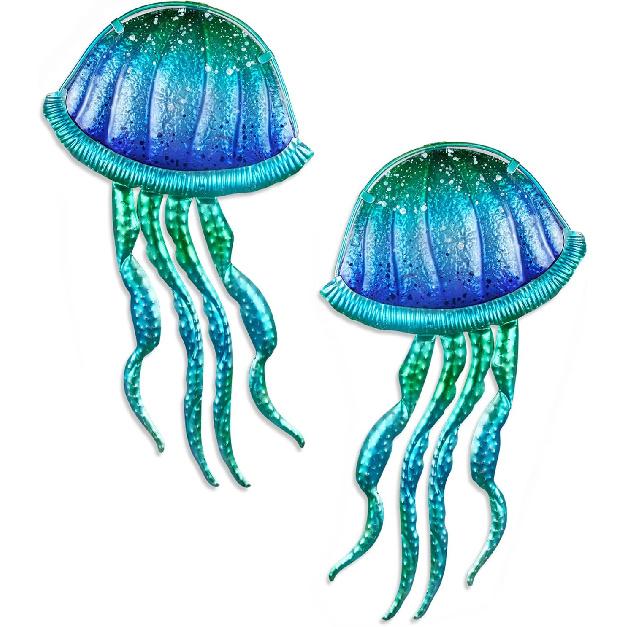 LIFFY Metal Jellyfish Wall Decor - Ocean Tropical Fish Wall Art - Glass Metal Fish Wall Decor for Pool, Beach, Bathroom, Living Room, Bedroom -