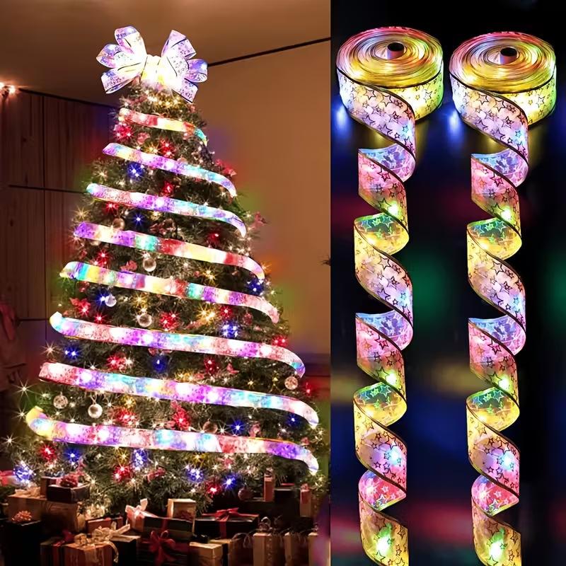 Christmas Ribbon Fairy Lights Home Decor 2025 DIY Bow String Lights Tree Ornaments Christmas Decorations New Year 2026