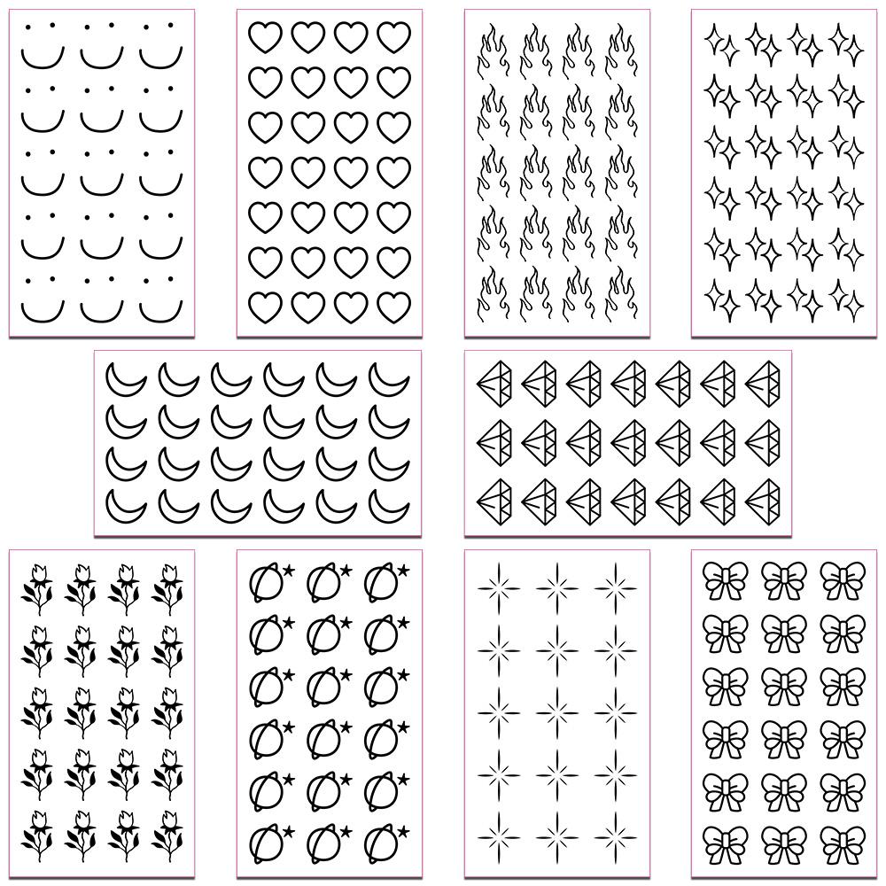 

10 листов мультяшных черных маленьких узорчатых тату-наклеек для лица, рук, тела, временные поддельные татуировки-наклейки, детские принадлежности для вечеринок