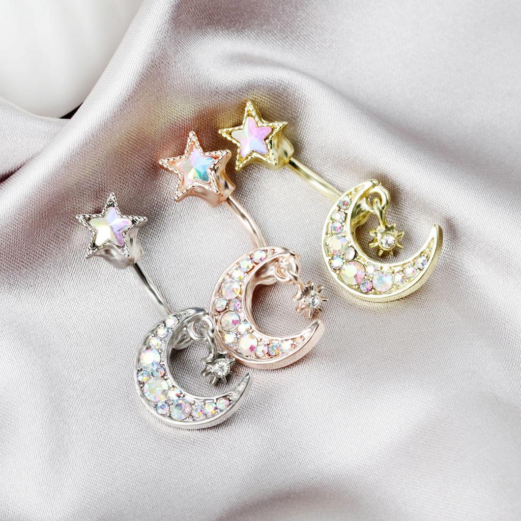 Cross-Border Moon & Star Belly Button Ring - Stainless Steel Piercing Jewelry for Women