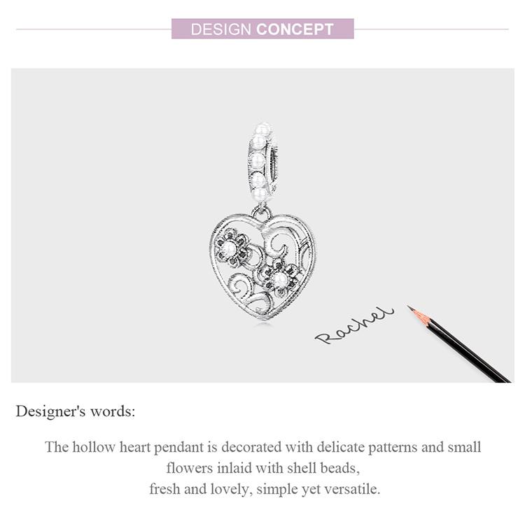 BAMOER Vintage 925 Sterling Silver Heart & Flower Pendant Fit for DIY Bracelet & Bangle Delicate Shell Charms Fine Jewelry