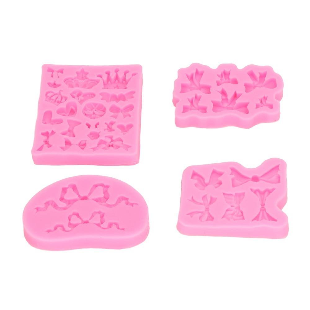 

4pcs Nonstick Bowknot Silicone Mould Durable Crown Fondant Mould Pink Mini Silicone Baking Mould Pastry Decoration