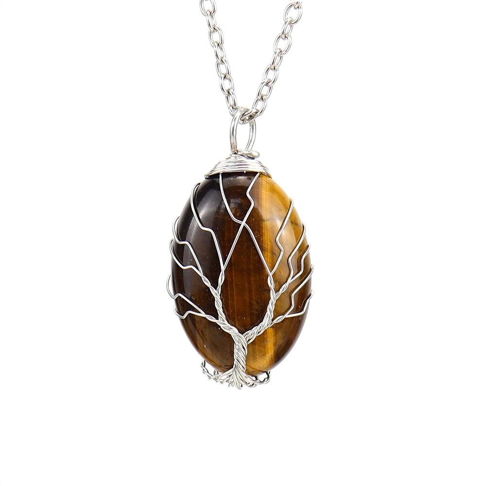 Natural Rough Crystal Amethyst Tiger Stone Oval Tree Of Life Pendant Necklace N643