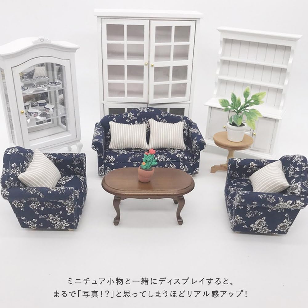 moin moin Miniature Furniture Scale Furniture Sofa 3 Piece Set B Two Seater Single Seater Single Cushion White Blue Floral Pattern Retro Bicolor