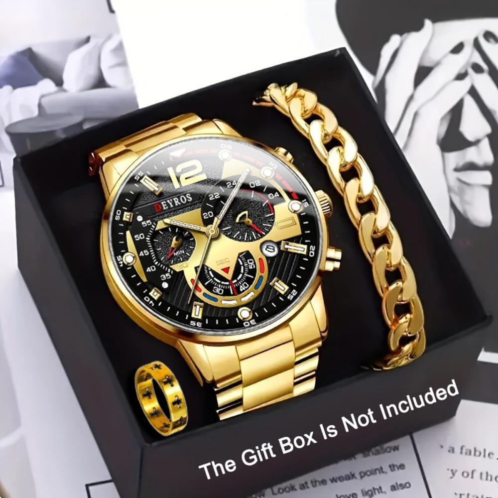 Watch 3-Piece Set, Watch Bracelet Ring, Men S Watch, Steel Belt Watch, Quartz Watch