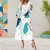 Women Plus Size V Neck Long Sleeve White Blue Printed A Line Midi Dress With Pockets
