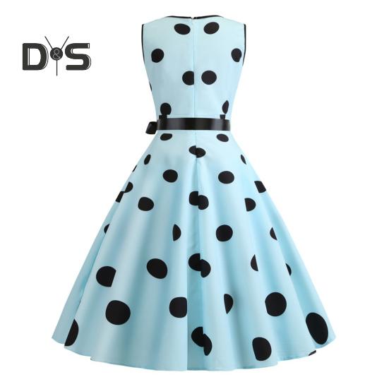 Sukienka wieczorowa dla kobiet w stylu vintage, kontrastowe kropki, nadruk w kropki, kokarda w talii, linia A, duży rozkloszowany, wąska talia, bez rękawów, odkryte plecy, dekolt w serek, sukienka midi w stylu księżniczki
