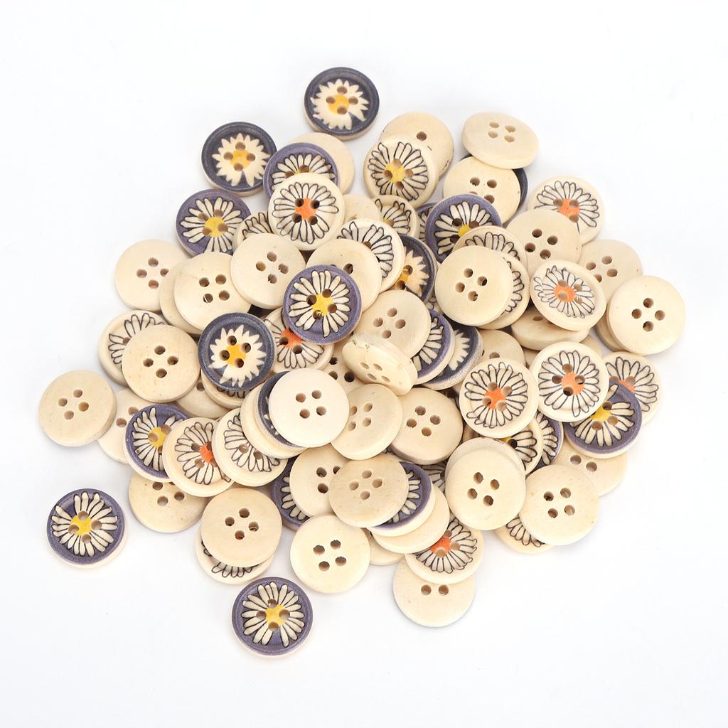 100Pcs Button Natural Colorful Wooden Little Daisy DIY Clothing Decorative Accessories 15mm