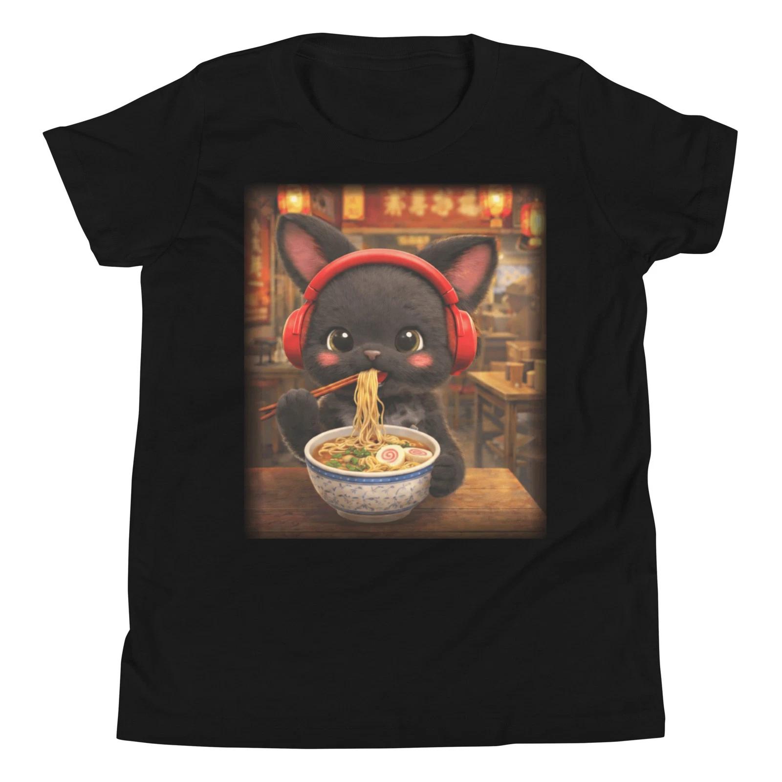 Funny Cute Japanese Black Cat Eating Noodles Bowl Novelty Youth T-Shirt 100