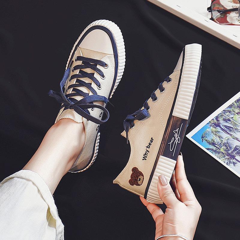 Bear canvas shoes women's spring new secondary sneakers student little white shoes lace-up board shoes tide