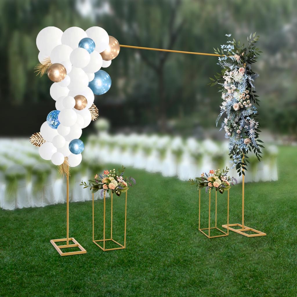 Gold Wedding Arch Stand with 2 Square Flower Stands, 2x2m Metal Wedding Backdrop Frame, 24x24x60in Floral Display Stand Decor