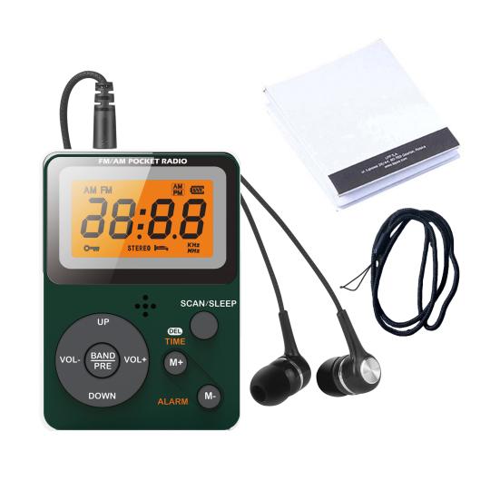 מקלט רדיו נייד שעון מעורר מסך LCD כפול סטריאו צליל עם אוזניות רדיו AM FM בגודל כיס