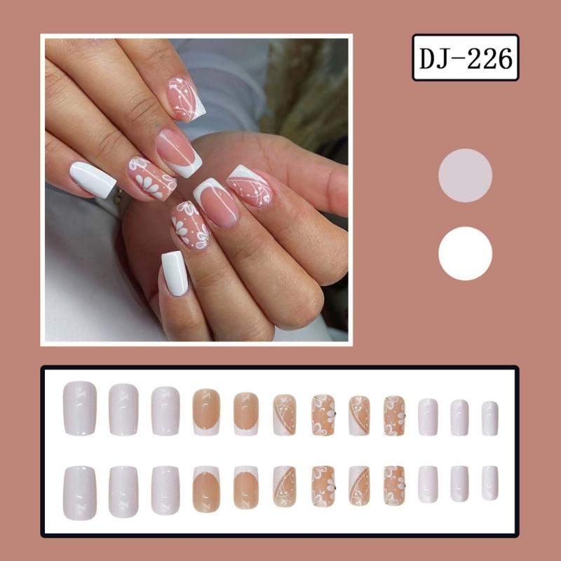 Square Press On Nail Flower Fake Nail Glues On Nail Artificial Acrylic Nail 24pcs Stick On Nail for Womens and Girls