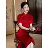 Red engagement cheongsam dress full open new Chinese retro elegant bridal wedding toast dress morning robe