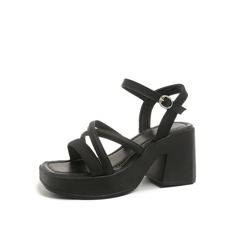 Large Size Waterproof Table Slope Heel Sandals Women's New Square Head Thin Belt Buckle Women's Shoes Wear One Word with Thick Heels High Heels