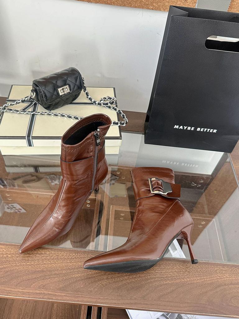 2025 autumn new fashion soft leather side zipper low tube pointed thin heel thin boots Internet celebrity fashion boots women's short