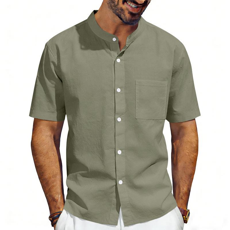 Herren Leinenmischung Hemd mit Mandarin-Kragen Kurzarm, Stehkragen Button-Down mit Brusttasche, Atmungsaktives Lässiges Sommer Oberteil mit Entspannter Passform für den Alltag