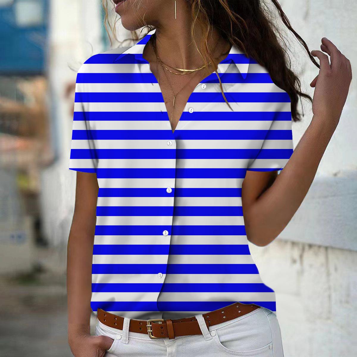 

2025 Summer New Fashion Women s Stripe Printed Short Sleeve V-neck Casual Button-down Shirt Top XS синій